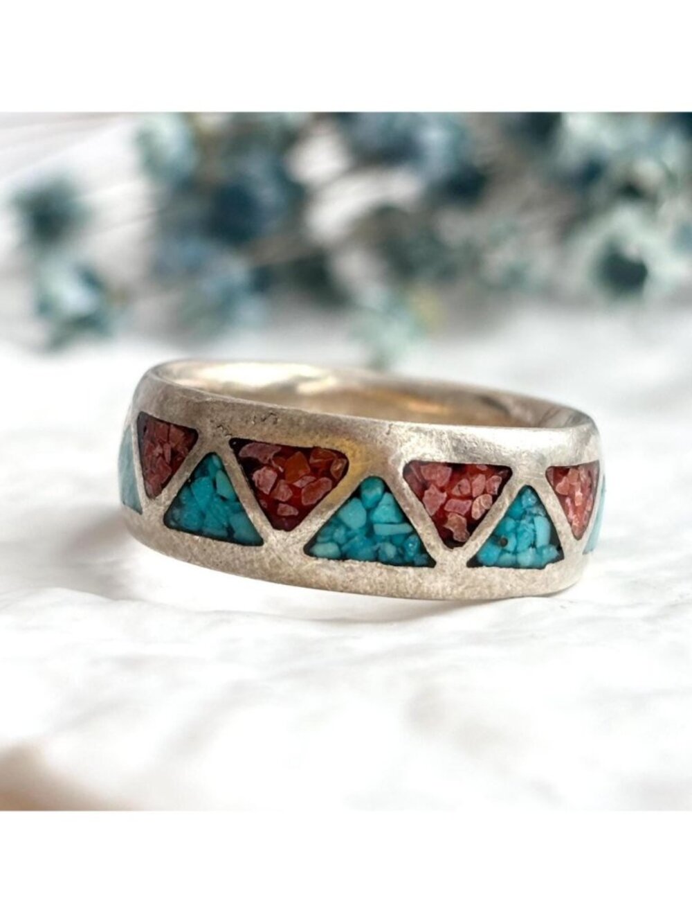 Coral & Turquoise Chip Inlay Geometric Band 800 Silver Vintage Ring - sz 10